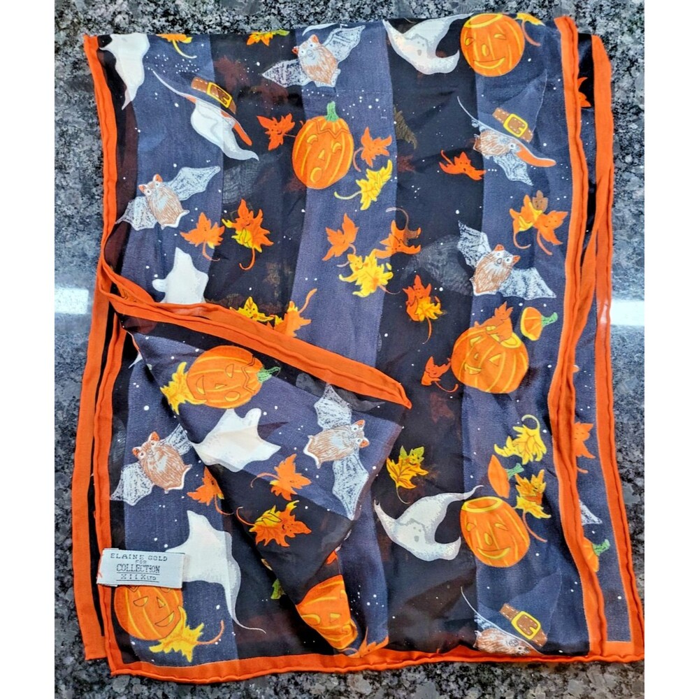 EUC Hand Rolled Elaine Gold Collection XIIX LTD Hallowen Silk Scarf Black Orange